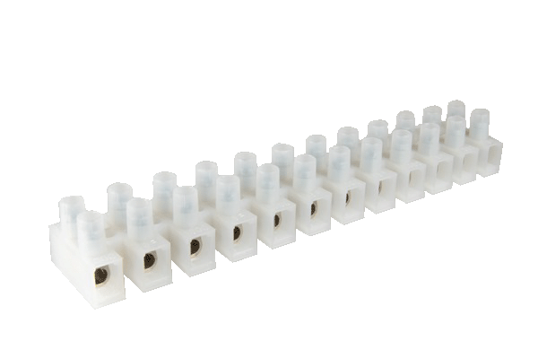 Row of white plastic connectors on a white background