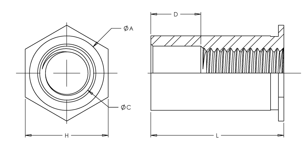 Self-Clinching Standoff, Thru Threaded For SS Sheets, 400 Series Stainless Steel, Passivated, M5x0.8 x 16, 100 Pack