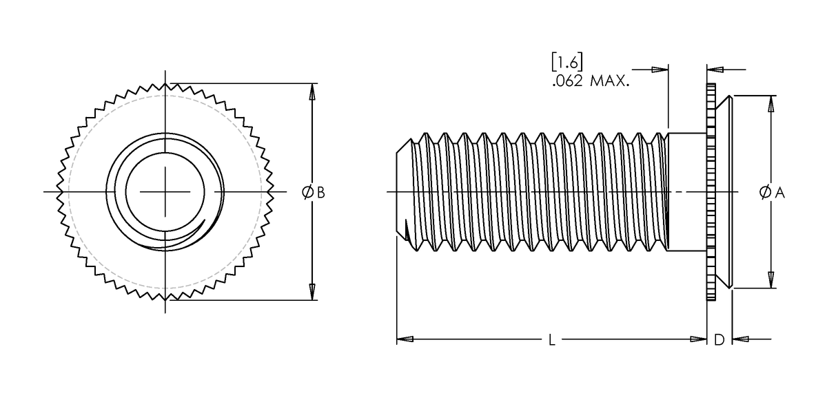 Self-Clinching Stud, Concealed Head, 300 Series Stainless Steel, Passivated, M5x0.8 x 20, Sheet Thick.: 2.4, 100 Pack