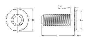 Self-Clinching Stud, Concealed Head, 300 Series Stainless Steel, Passivated, M5x0.8 x 20, Sheet Thick.: 2.4, 100 Pack