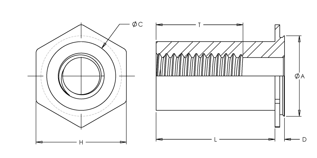 Self-Clinching Standoff, Concealed Head, 300 Series Stainless Steel, Passivated, 6-32 x 0.500, 100 Pack