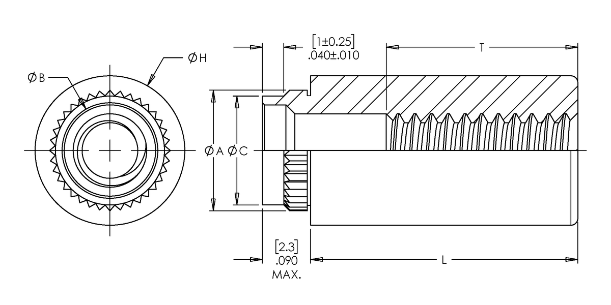 Broaching Standoff, Flare Mounted, Brass CDA-360, Electro Tin, Metric, M3x0.5 x 12, 100 Pack