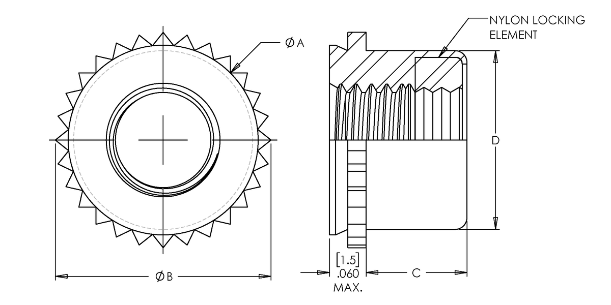 Self-Clinching Nut, Top Collar Lock Self-Clinching Nut, 300 Series Stainless Steel, Passivated, Metric, M5x0.8, 100 Pack