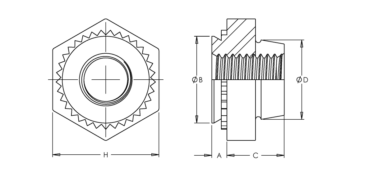 Self-Clinching Nut, Locking Thread, 300 Series Stainless Steel, Black Dry Film Lubricant, Metric, M4x0.7 x 1, 100 Pack