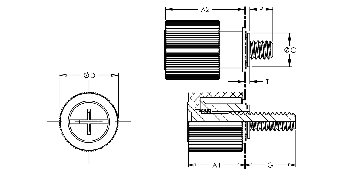 Self-Clinching Collar Base Panel Fastener, Knurled Head, Aluminum Knob, Steel Base, Stainless Screw, M3x0.5 x 0, 100 Pack