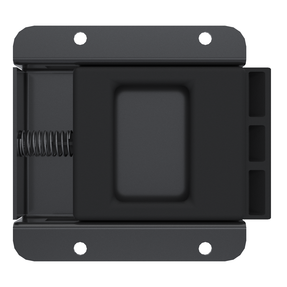 Black Southco B7-10-301-10 flush slide latch, three quarter view showing mounting flange and behind panel housing depth