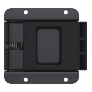 Black Southco B7-10-301-10 flush slide latch, three quarter view showing mounting flange and behind panel housing depth