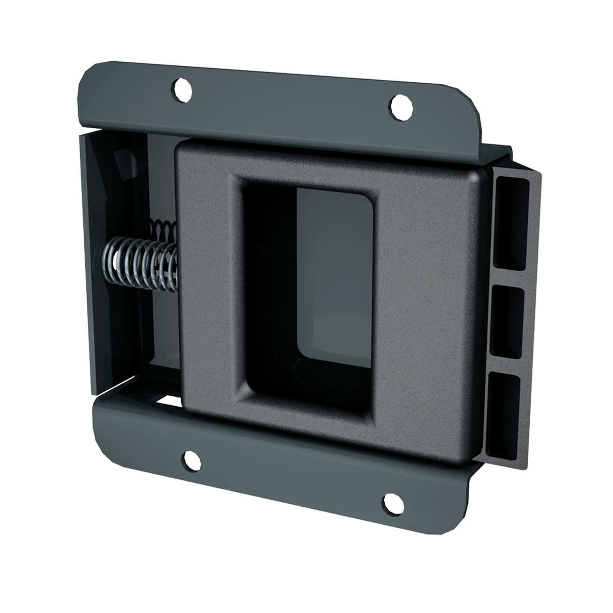 Southco B7-10-301-10 sliding flush latch in black, perspective view showing slide, wide finger opening and recessed housing