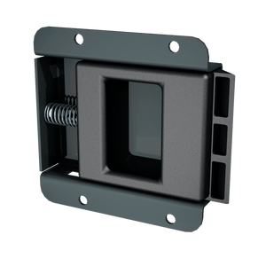 Southco B7-10-301-10 sliding flush latch in black, perspective view showing slide, wide finger opening and recessed housing