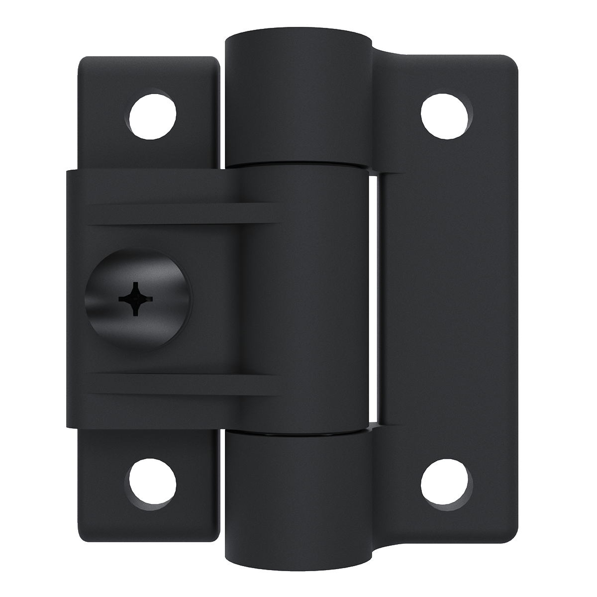 Southco E6-10-501-20 adjustable torque position control hinge in black acetal copolymer, front view showing mouting holes