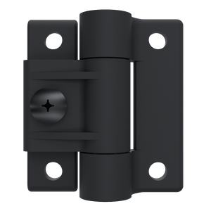 Southco E6-10-501-20 adjustable torque position control hinge in black acetal copolymer, front view showing mouting holes
