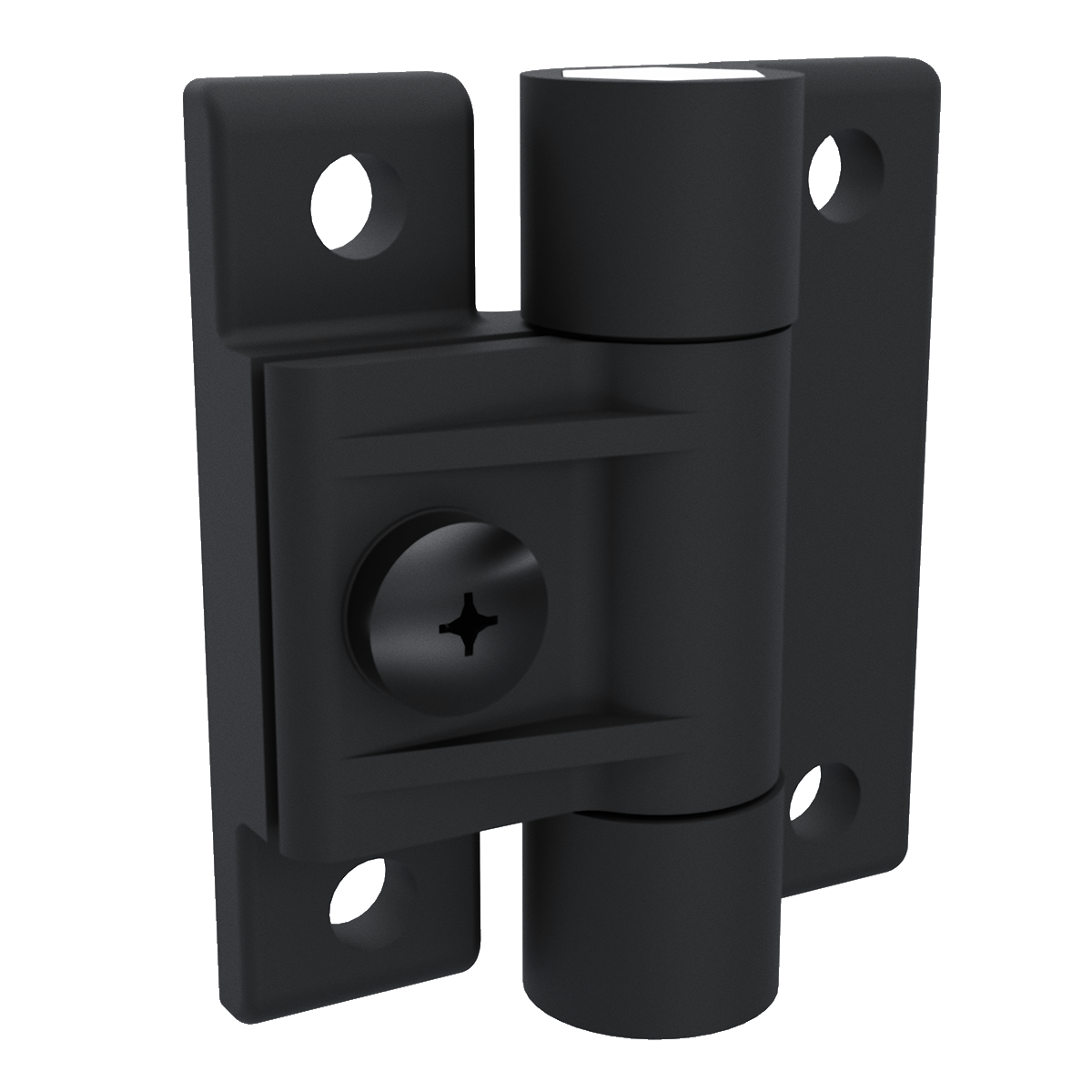 Southco E6-10-501-20 adjustable torque position control hinge in black acetal copolymer, left side perspective view
