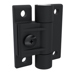 Southco E6-10-501-20 adjustable torque position control hinge in black acetal copolymer, left side perspective view