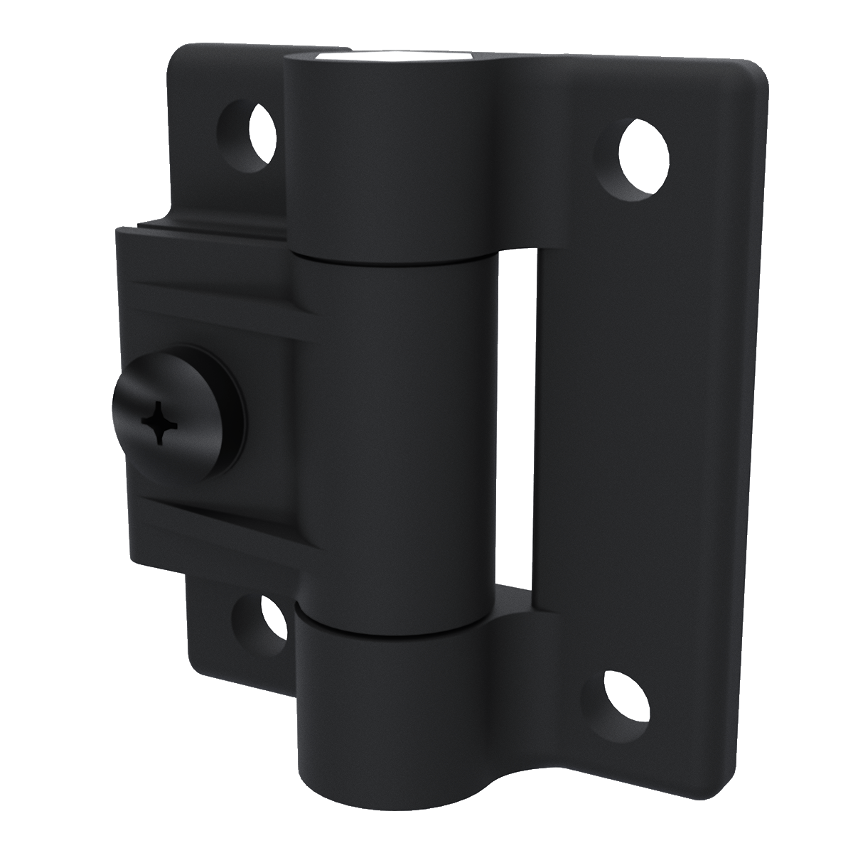 Southco E6-10-501-20 adjustable torque position control hinge in black acetal copolymer, right side perspective view
