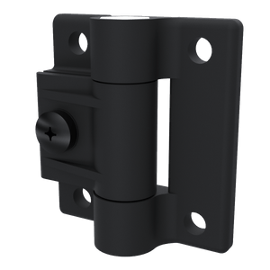 Southco E6-10-501-20 adjustable torque position control hinge in black acetal copolymer, right side perspective view