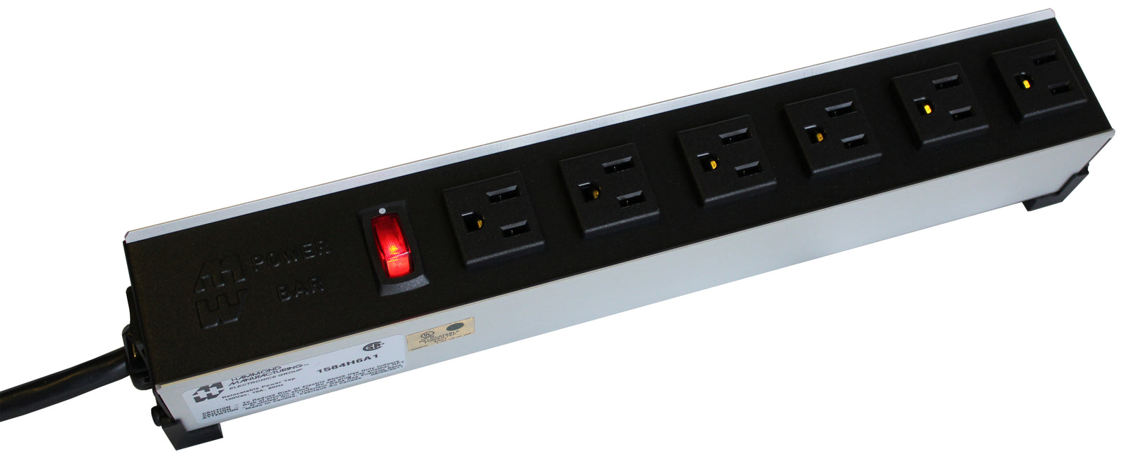 Perspective view of a 6 outlet heavy duty power bar