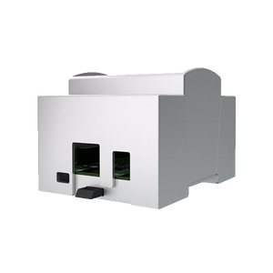 Gray plastic DIN rail enclosure with cutouts for ports and a black release latch