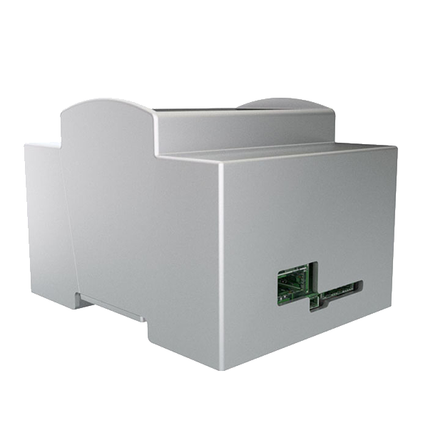 Gray electronic enclosure case with port cutouts in a product view