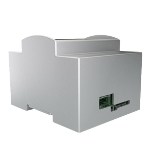 Gray electronic enclosure case with port cutouts in a product view