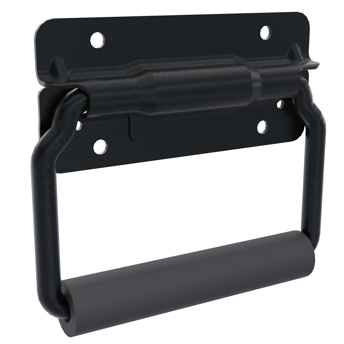 TCH 500-135900 large surface mount handle, black steel plate with the spring-loaded bail, left side angled view