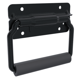 TCH 500-135900 large surface mount handle, black steel plate with the spring-loaded bail, left side angled view