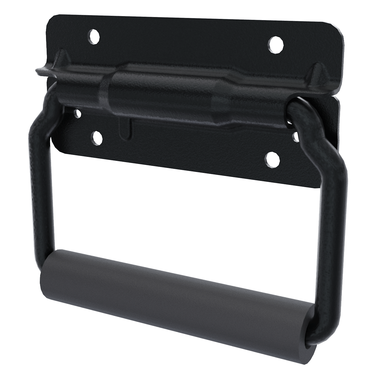 TCH 500-135900 large surface mount handle, black steel plate with the spring-loaded bail hanging in the folded position, right side angled view