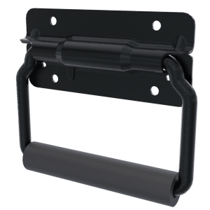 TCH 500-135900 large surface mount handle, black steel plate with the spring-loaded bail hanging in the folded position, right side angled view