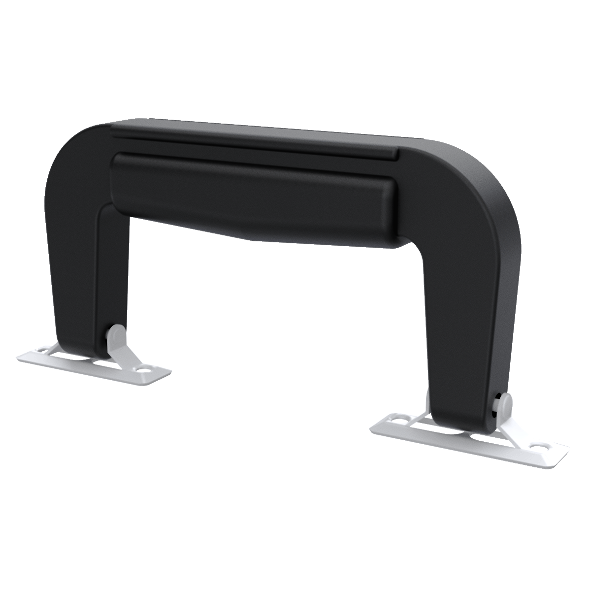 Black plastic attache briefcase handle with contoured grip and nickel-plated steel mounting tabs, right side perspective view, TCH 500-323801