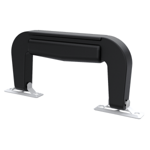 Black plastic attache briefcase handle with contoured grip and nickel-plated steel mounting tabs, right side perspective view, TCH 500-323801