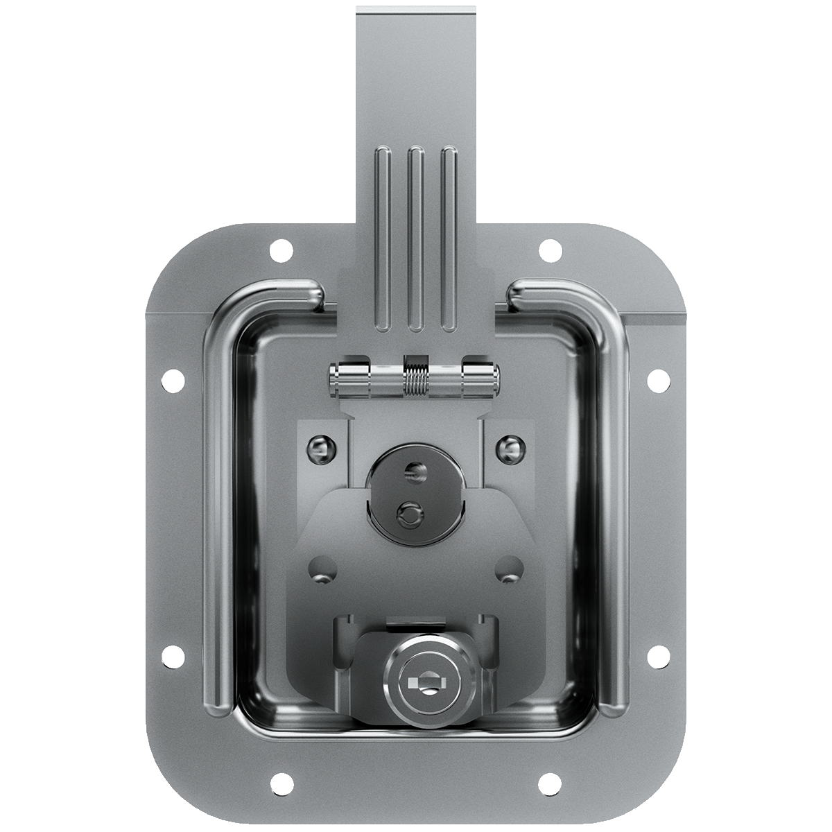angled view of key lockable valance spanning catch with offset housing