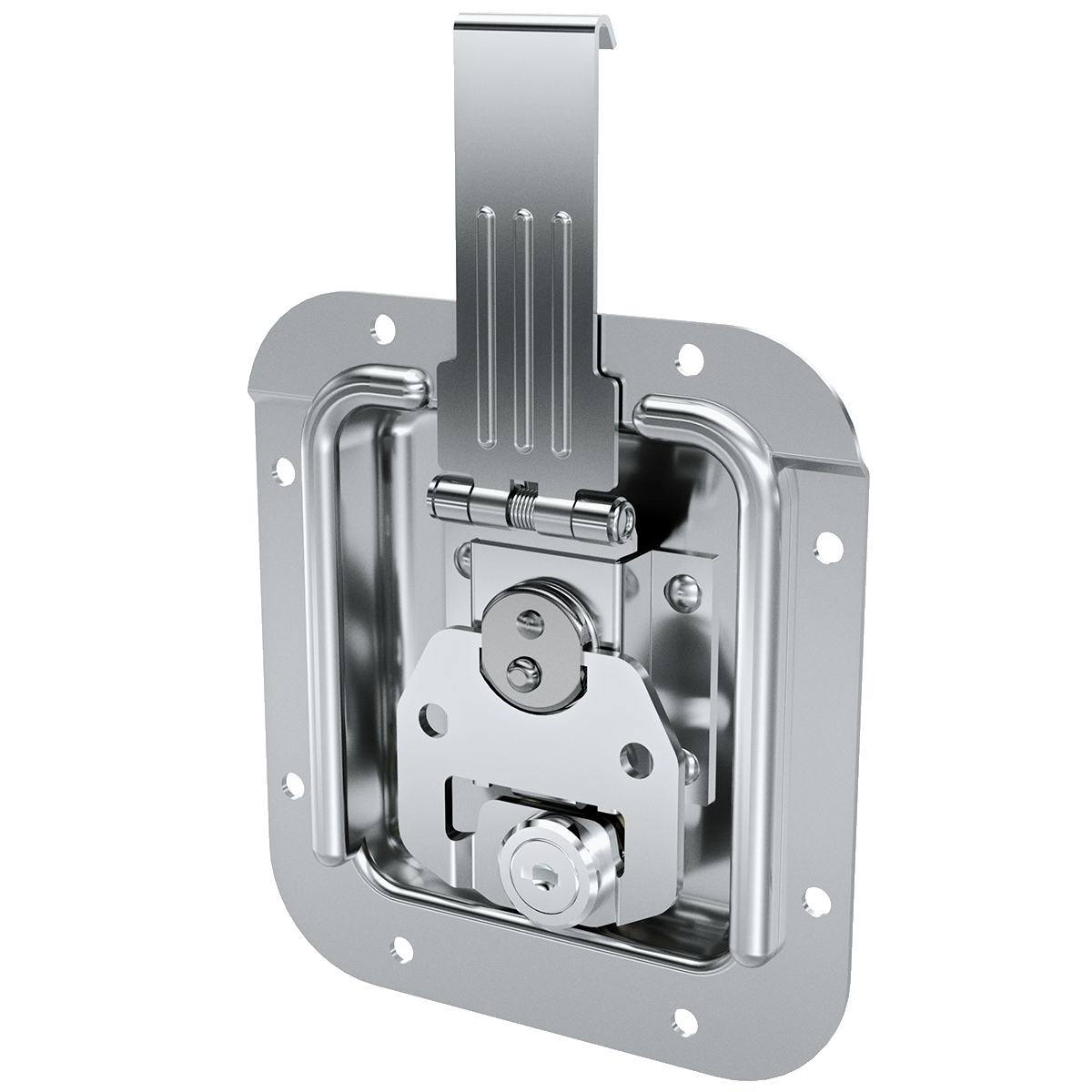 angled view of key lockable valance spanning catch with offset housing