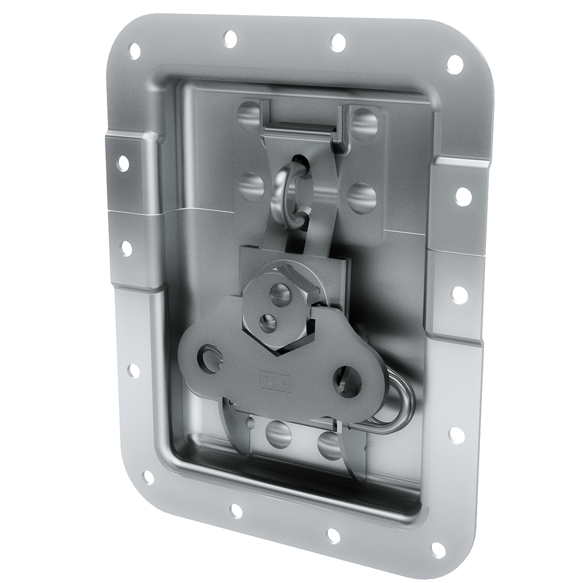 angled view of large recessed pad lockable twist catch with offset