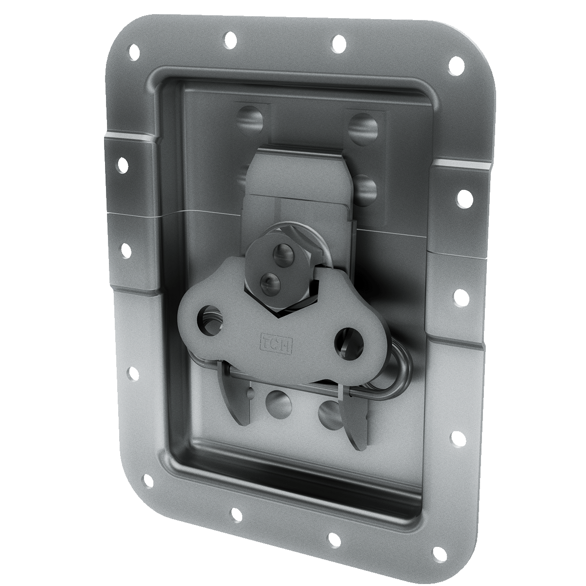 angled view of recessed twist catch with large zinc dish and offset mounting bracket