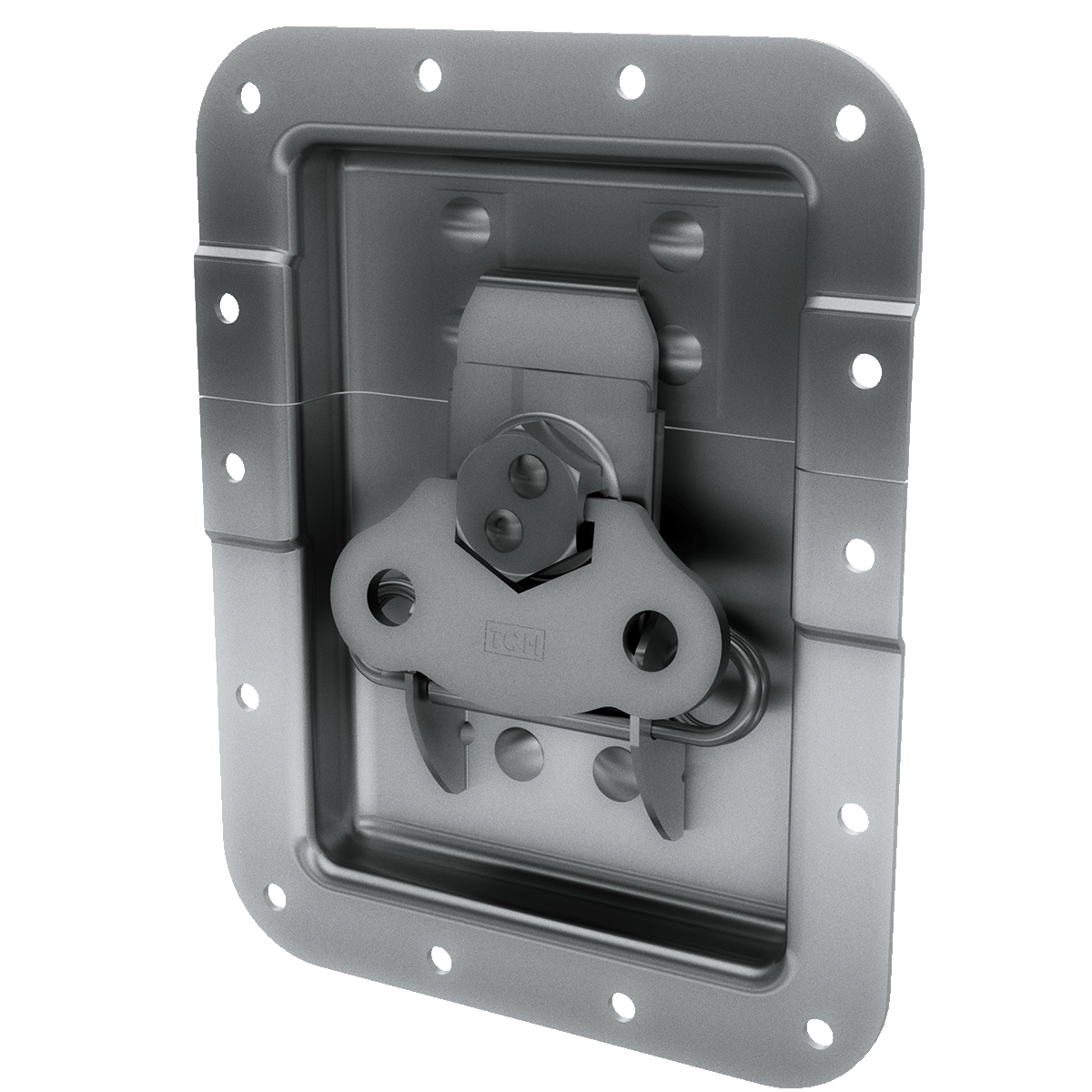 angled view of large recessed twist catch with zinc finish and flush mount cup