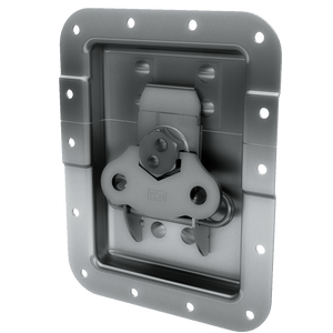 angled view of large recessed twist catch with zinc finish and flush mount cup