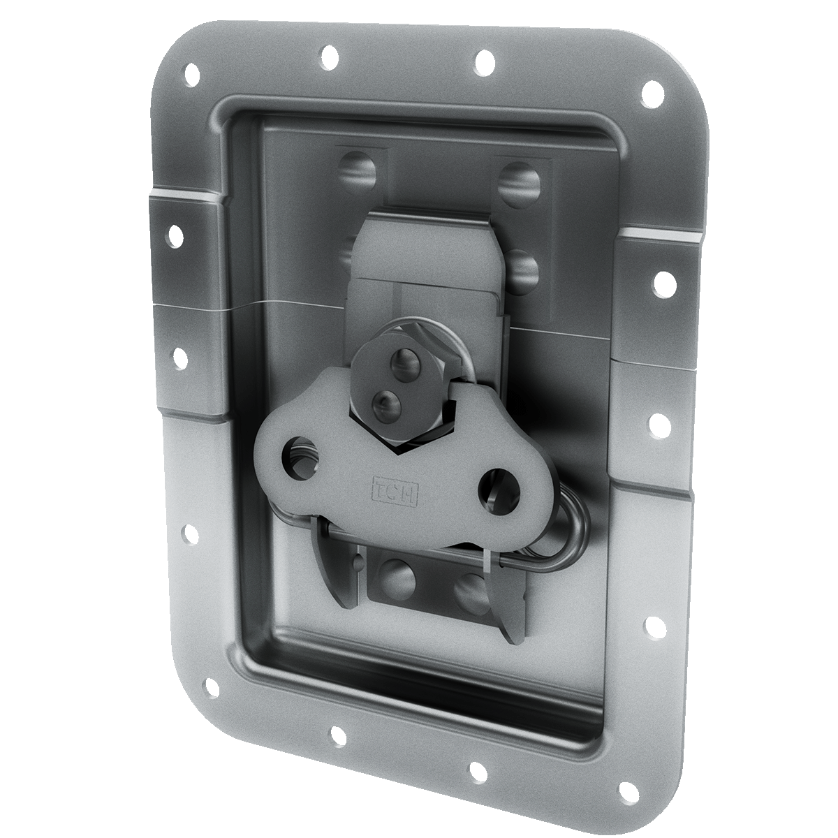 angled view of recessed twist catch with black offset cam