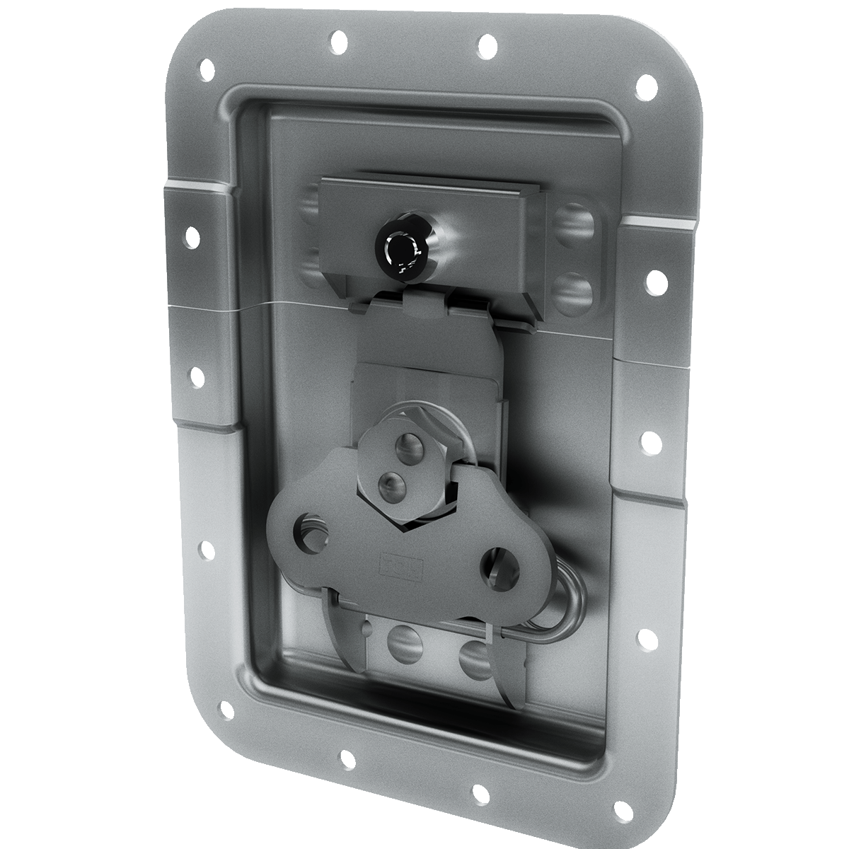 angled view of recessed twist catch with key lock and low mount offset design