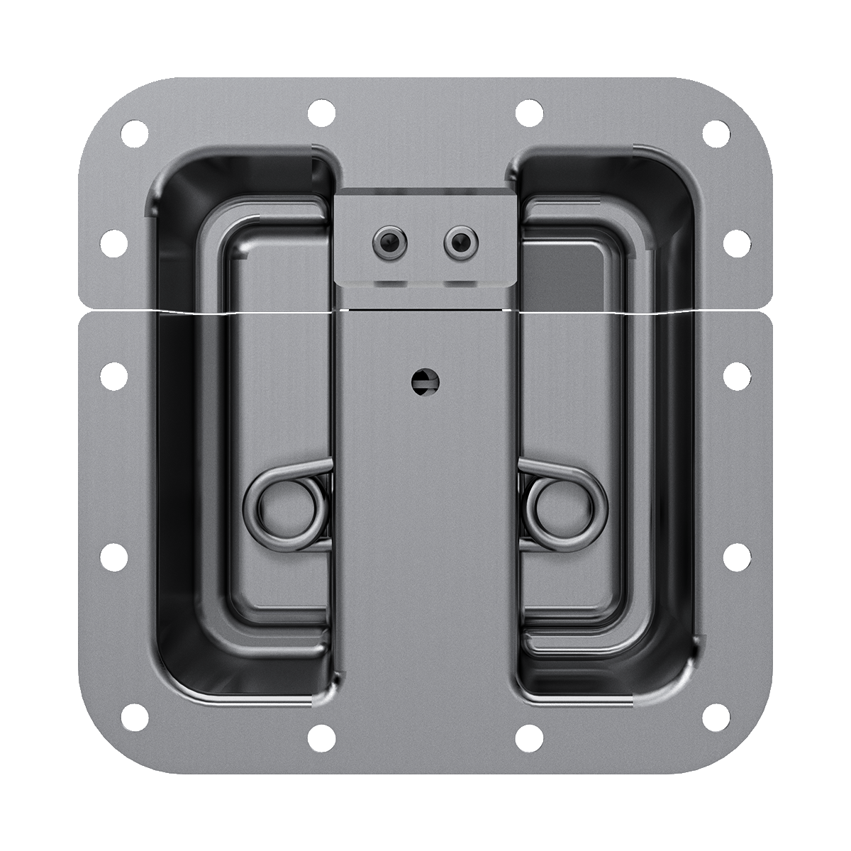 Stainless steel protected surface mount latch, back view