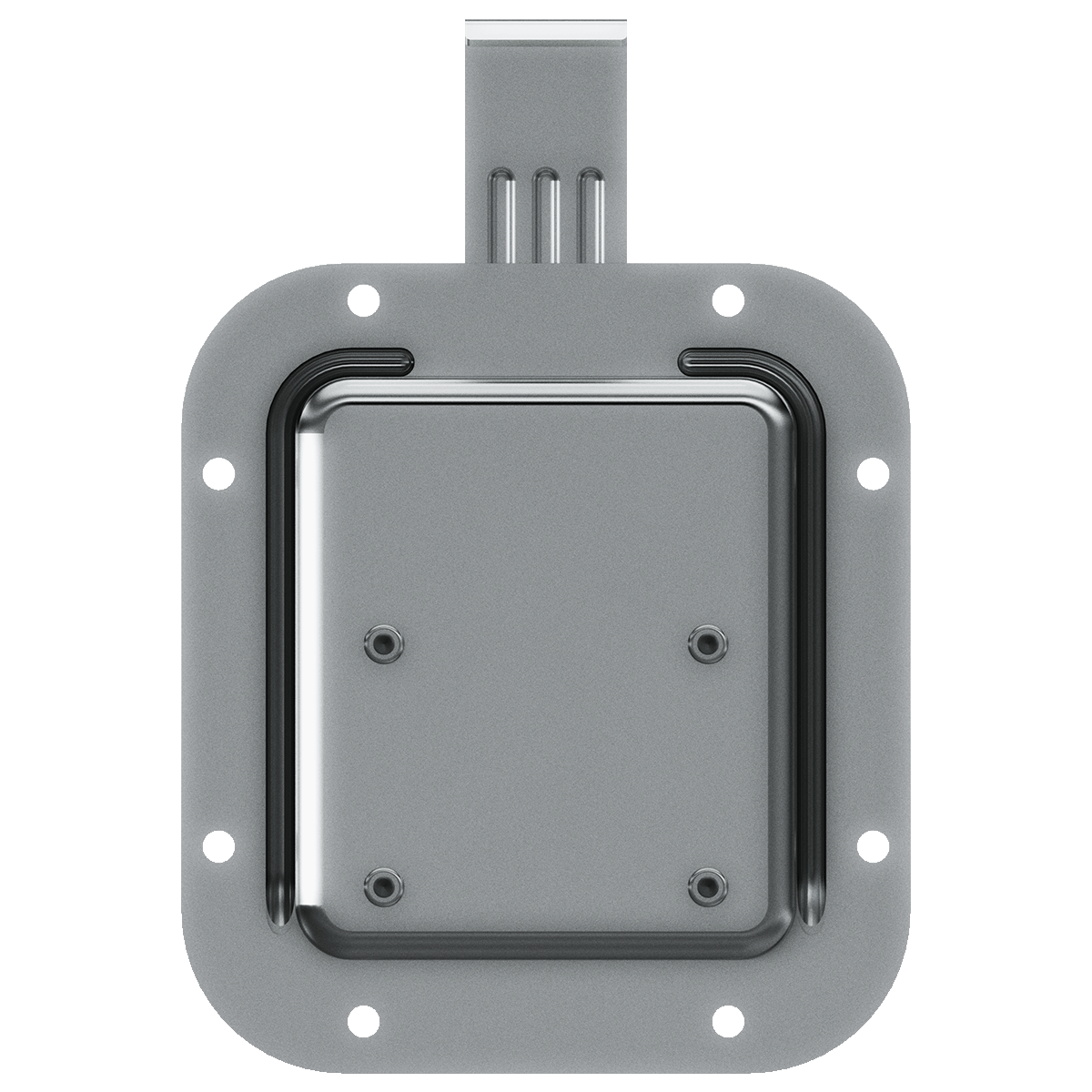 rear view of recessed catch showing steel housing and mounting cutout