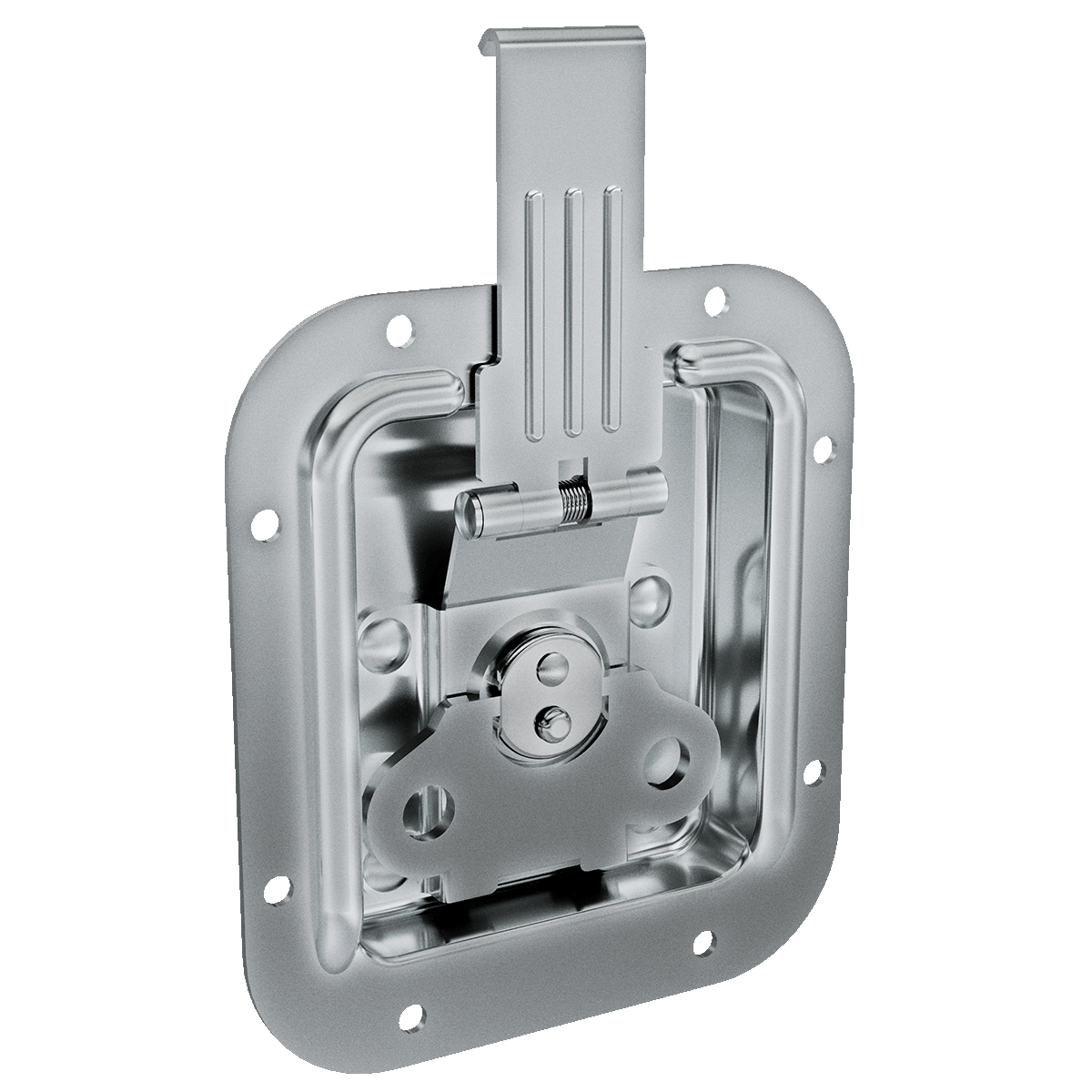 angled left view showing catch profile and mounting flange
