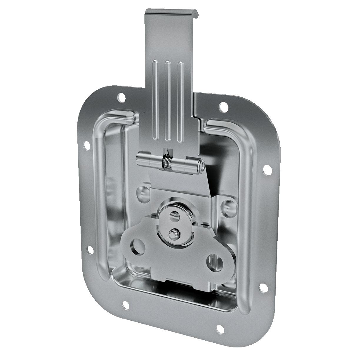 angled view of recessed valance spanning catch with flush mount faceplate