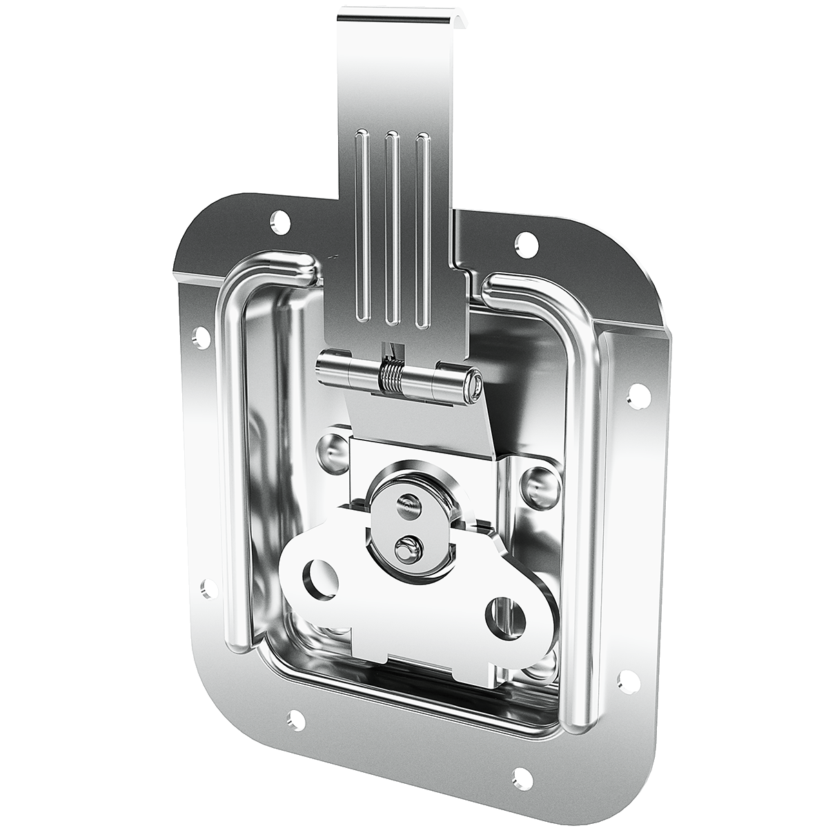 Angled view of recessed catch with mounting flange and offset blade