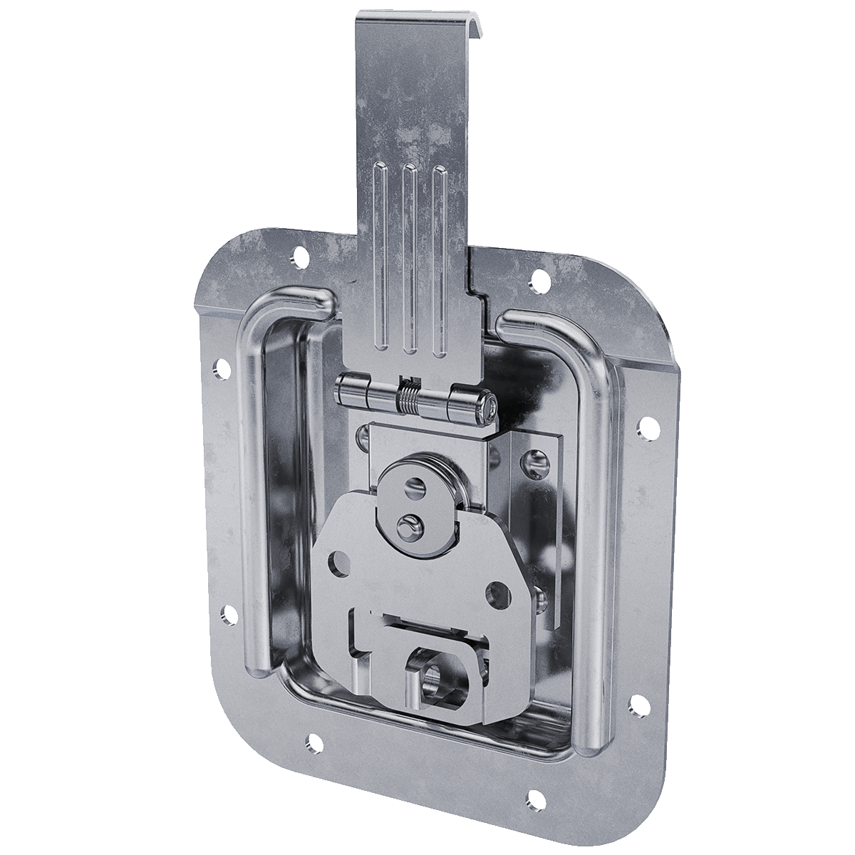 view of padlockable twist catch with offset cam and center cutout