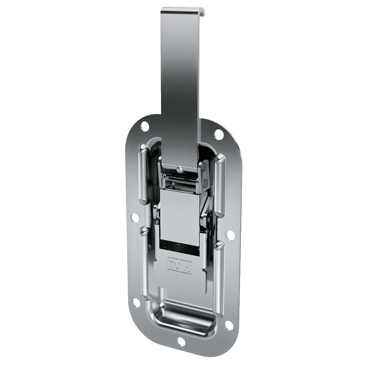 angled view of recessed lever drawlatch with black paddle handle