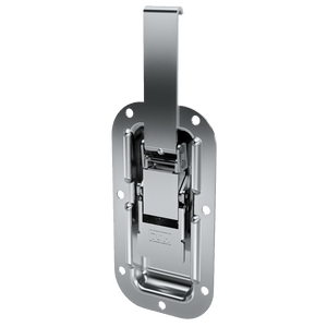 angled view of recessed lever drawlatch with black paddle handle