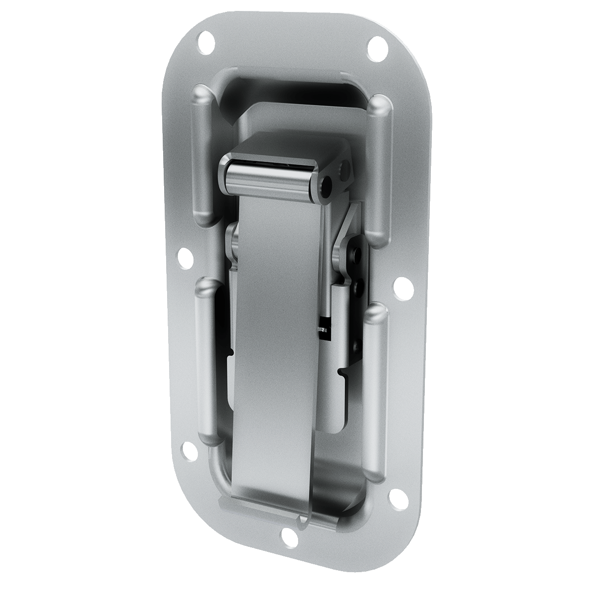 angled view with latch blade in open downward position