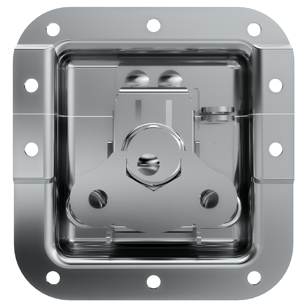 front view of recessed padlockable twist catch with black cup and offset mount