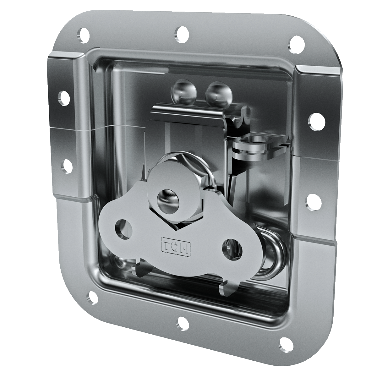 angled view of medium recessed twist catch with padlock eye and 7/8 inch offset