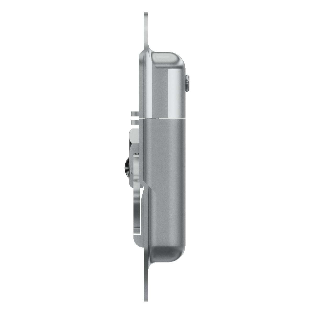 right side view of recessed twist catch showing steel housing and padlock loop