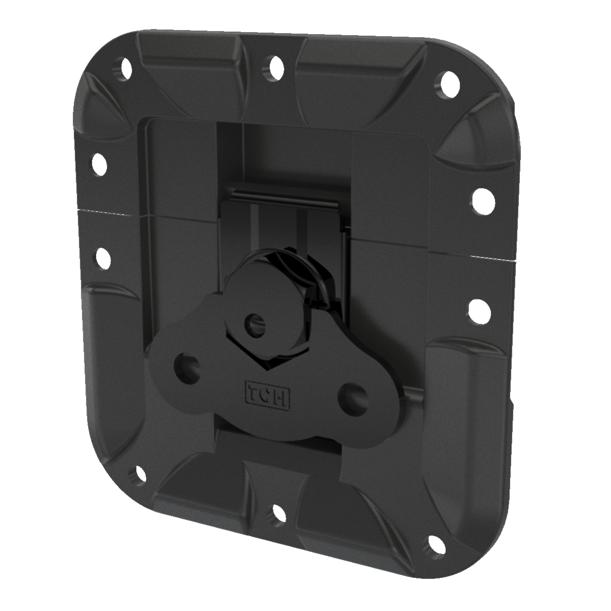 Right angle view of lightweight recessed butterfly latch in black plastic finish